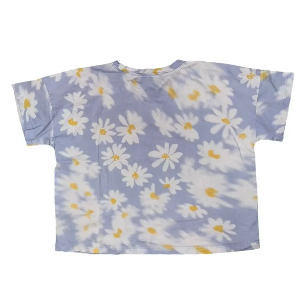 adidas Girls L All Over Print Loose Box Short Sleeve T-shirt Blue Daisy Floral